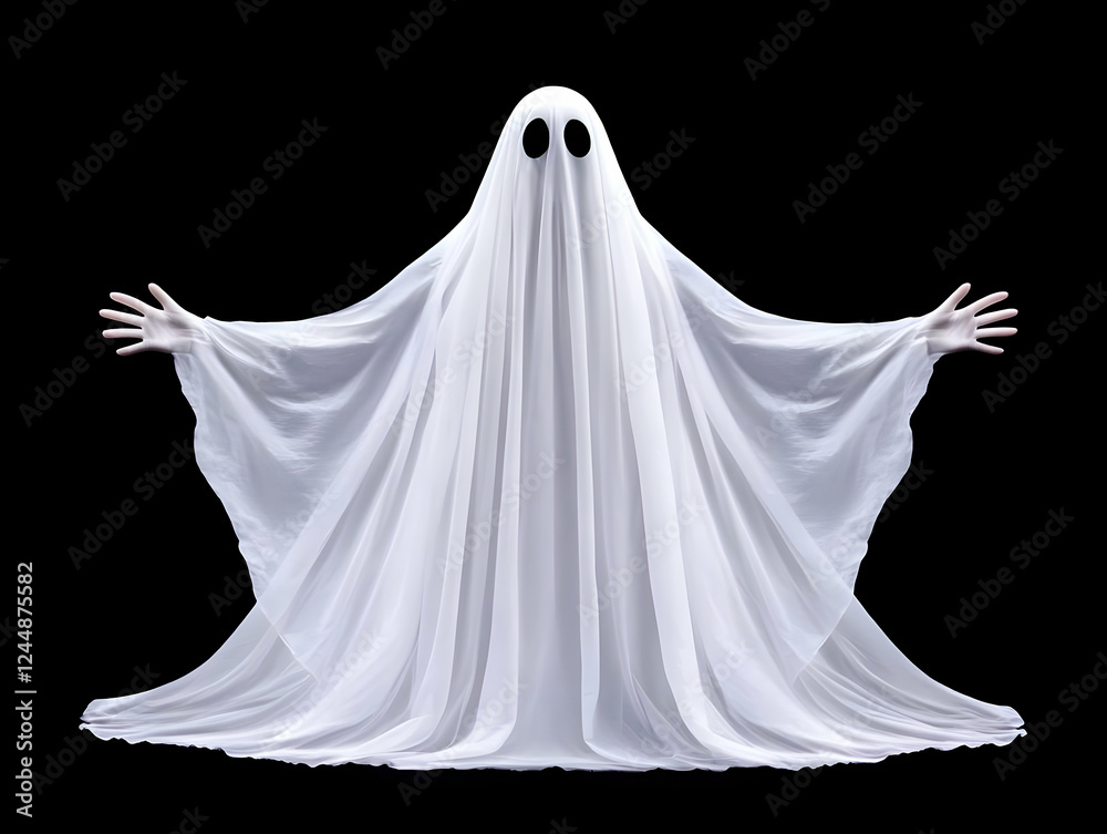 Ghostly Figure with Outstretched Arms in White Cloth against Black Background Ghostly Figure with Outstretched Arms in White Cloth against Black Background