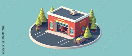 Low-poly isometric illustration of a fire station with two fire trucks and small trees.