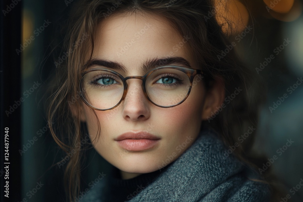 Portrait of a woman with glasses in a cozy dimly lit room Portrait of a woman with glasses in a cozy dimly lit room