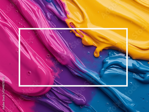 Abstract close-up of colorful liquid paint in yellow, pink, and blue with a modern white frame, representing vibrant Holi festival artistic textures and splashes. photo