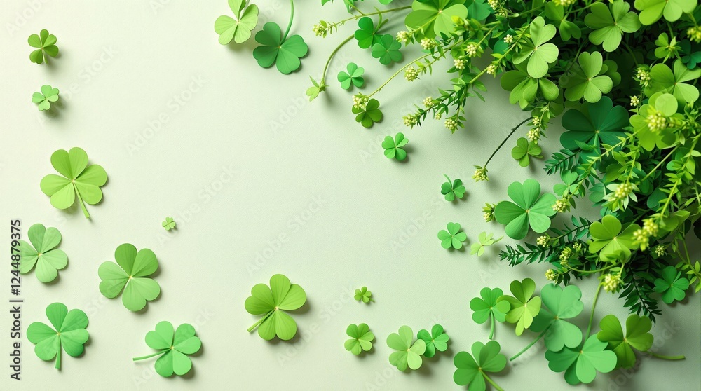 Vibrant green clover border with lush foliage on light background Vibrant green clover border with lush foliage on light background