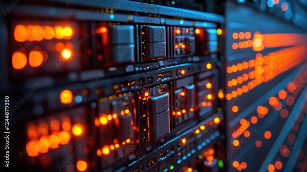 Close-up view of illuminated server racks in a data center with vibrant lights and technology (2) Close-up view of illuminated server racks in a data center with vibrant lights and technology (2)
