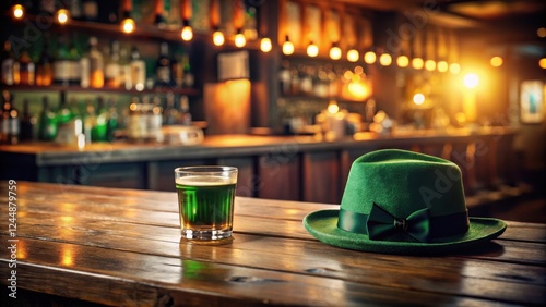 A festive green beverage and hat rest on a rustic wooden bar top in a dimly lit tavern