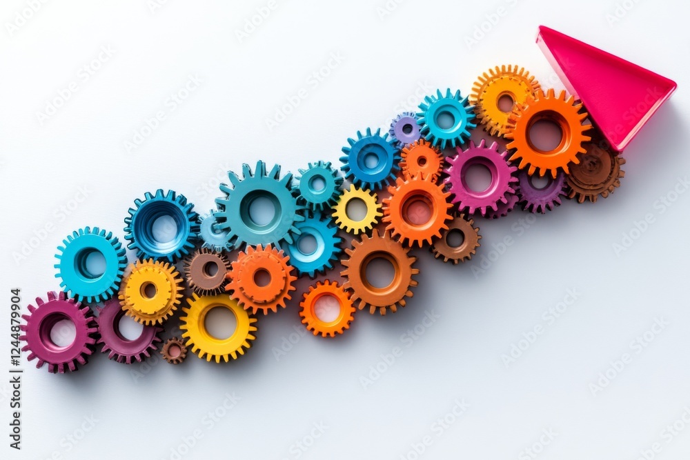 Colorful gears arranged on a white background with a creative composition