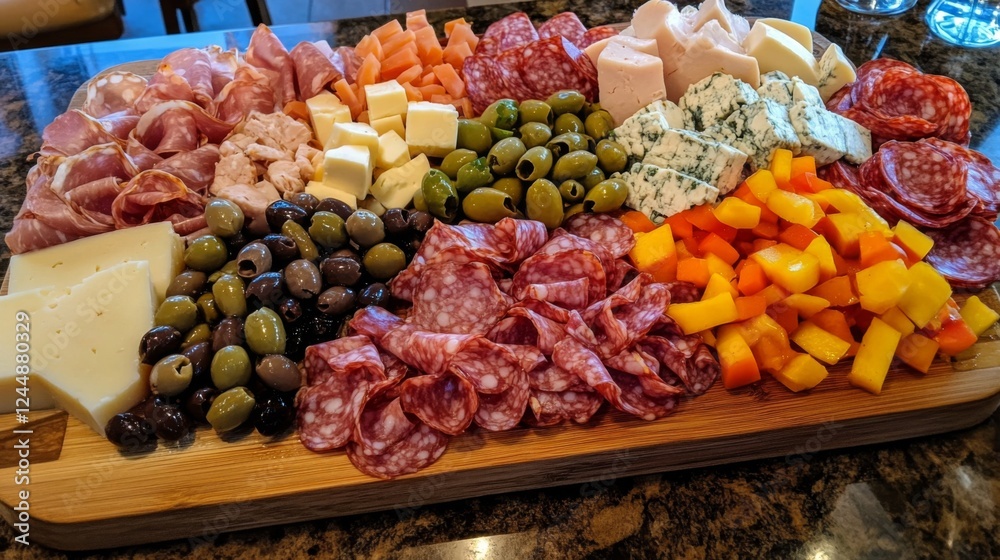 A colorful antipasto platter featuring cured meats, cheeses, olives, and marinated vegetables, artfully arranged on a wooden board for a traditional Italian feast