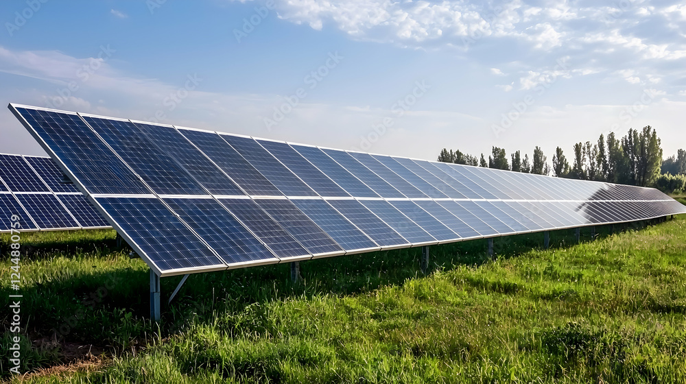 Solar panels in field, energy production, sunny day, clean energy Solar panels in field, energy production, sunny day, clean energy