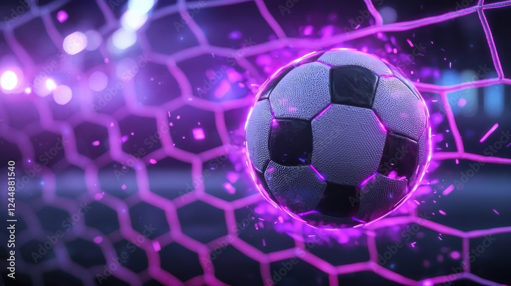 Naklejka premium Close up view of a soccer ball striking the net with dynamic energy and vibrant neon like illumination creating an abstract and visually captivating sports themed image