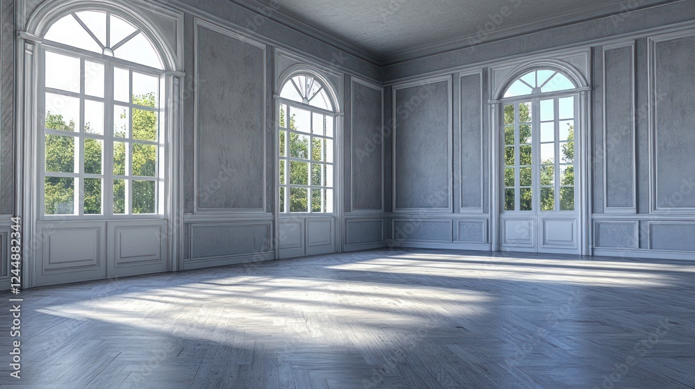 Fototapeta premium Sunlit empty room with large arched windows, gray walls, and white trim.