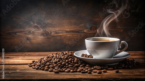 Aromatic Steam Rising from a Cup of Coffee Beside a Pile of Roasted Beans on Rustic Wood