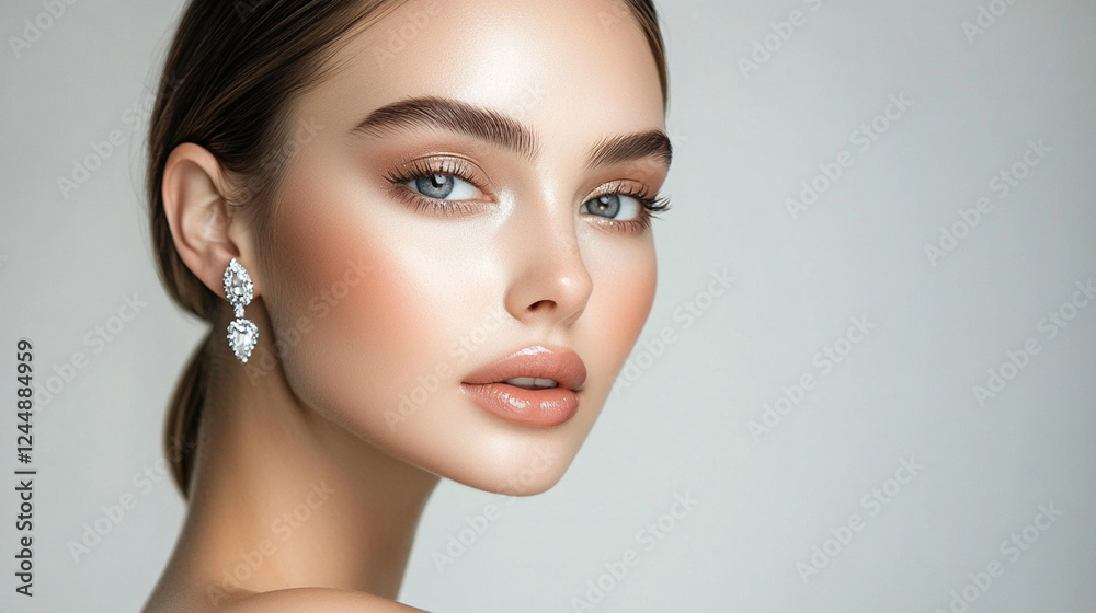 Fototapeta premium Elegant beauty portrait flawless makeup radiant skin natural soft lighting warm professional photography