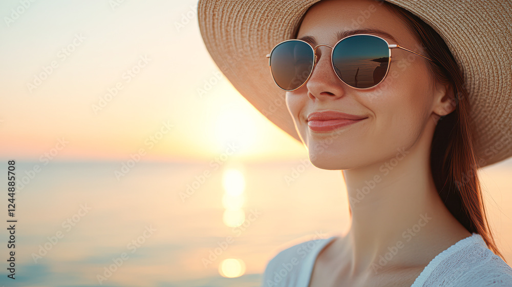 Fototapeta premium Sunset relaxation woman in sunglasses at beach lifestyle calm environment