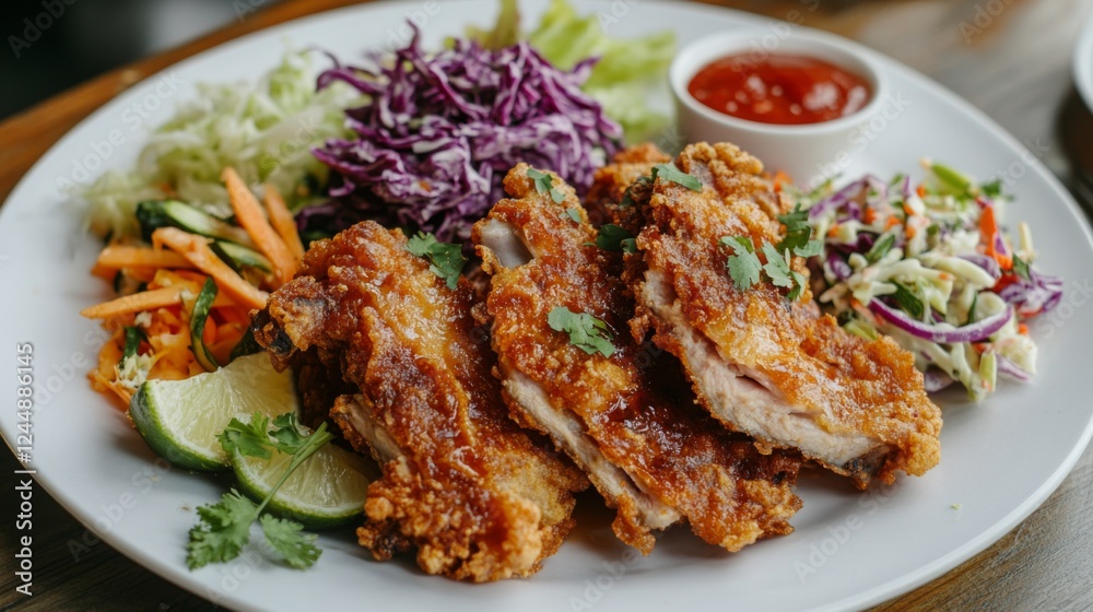 A deliciously crispy plate of fried pork ribs arranged artistically, with vibrant sides of coleslaw and grilled vegetables, showcasing a tempting and hearty meal. A deliciously crispy plate of fried pork ribs arranged artistically, with vibrant sides of coleslaw and grilled vegetables, showcasing a tempting and hearty meal.
