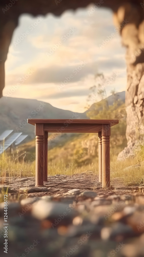 Obraz premium Wooden Table Stands on Rocky Ground in Mountain Landscape at Sunset with Solar Panels in Background.