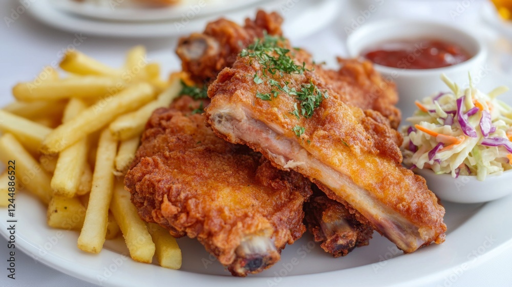 A delicious platter of fried pork ribs with a side of fries and coleslaw, beautifully arranged on a white tablecloth, inviting diners to enjoy a hearty meal. A delicious platter of fried pork ribs with a side of fries and coleslaw, beautifully arranged on a white tablecloth, inviting diners to enjoy a hearty meal.