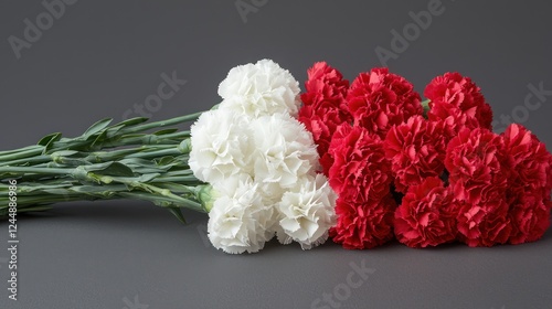 A bouquet of white and red carnations arranged elegantly on a gray background.