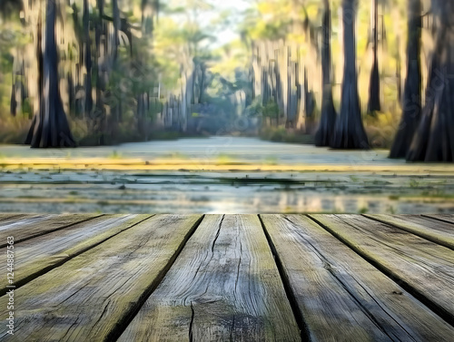 Empty wooden pier overlooks a tranquil swamp with blurred trees and algae-covered water.