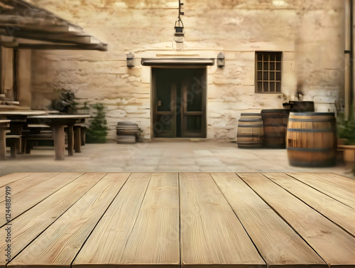 Empty Wooden Table with Blu...