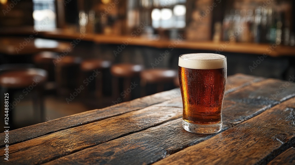 A glass of amber beer sits on a rustic wooden table in a cozy bar with a blurred background A glass of amber beer sits on a rustic wooden table in a cozy bar with a blurred background