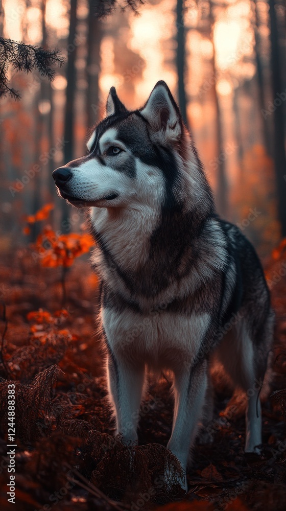 Obraz premium Majestic Alaskan Malamute standing in an autumn forest at sunset.