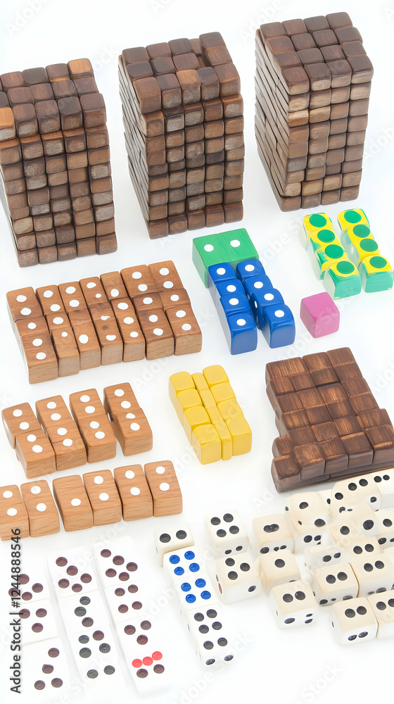 Obraz premium Colorful Wooden Blocks and Dice Arranged on White Background for Play and Learning