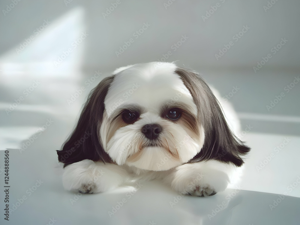 Adorable Small Dog Lies on a White Surface with Sunlight Streaming In Adorable Small Dog Lies on a White Surface with Sunlight Streaming In