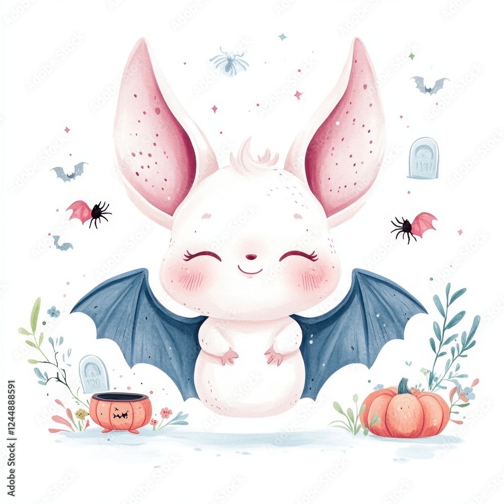 Obraz premium A cute, whimsical creature with bat wings and large ears, surrounded by pumpkins, spiders, and a spooky atmosphere, perfect for Halloween.