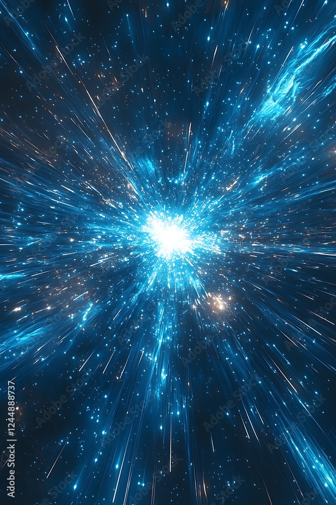 Naklejka premium Hyperspace velocity visualized with streaks of light speed across a deep blue cosmic backdrop.