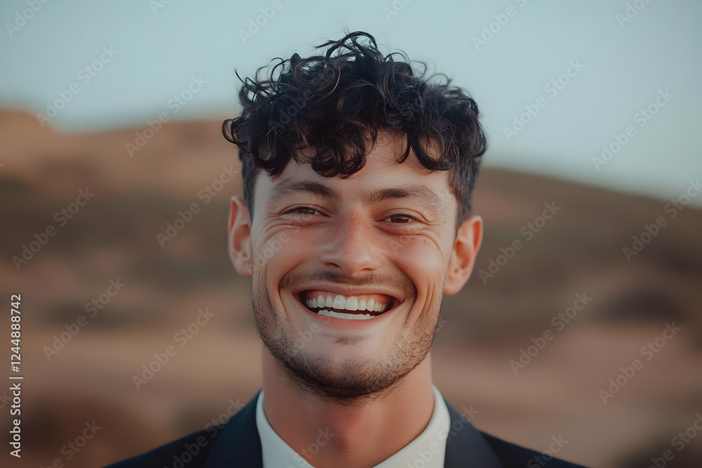 Portrait of a smiling groom with curly hair in a suit at an outdoor wedding, facing camera, background blurry. Portrait of a smiling groom with curly hair in a suit at an outdoor wedding, facing camera, background blurry.