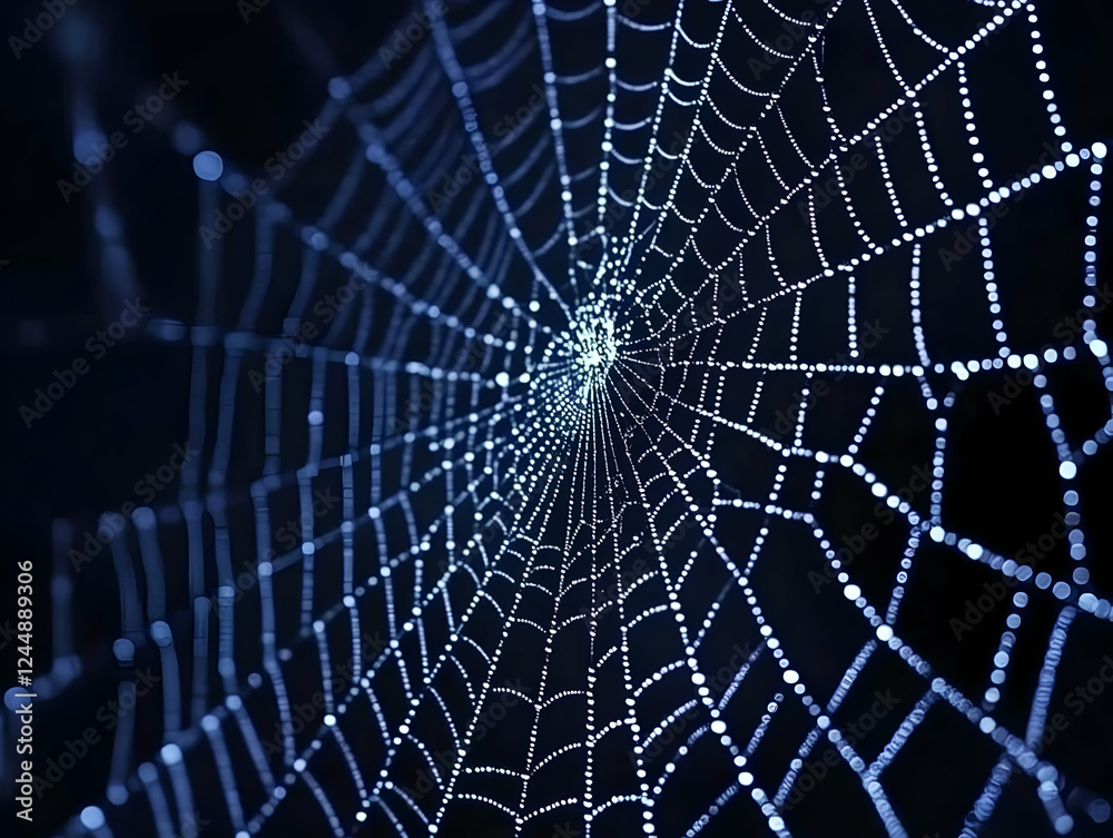 Naklejka premium Intricate Spiderweb Glistens with Dewdrops in the Dark of Night