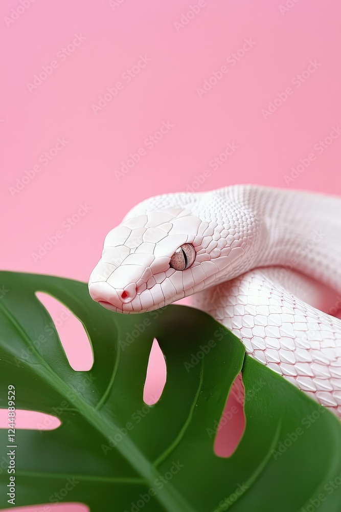 Fototapeta premium White Snake on Green Leaf with Pink Background