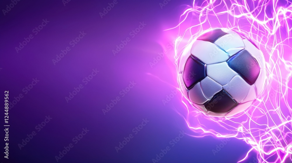 Obraz premium Frozen in time a dramatic soccer moment captured with a glowing electric ball of energy and light amidst a dynamic futuristic atmosphere This image conveys the power speed and intensity of the game