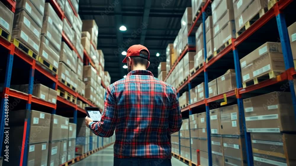 Efficient warehouse management: worker using technology for inventory organization Efficient warehouse management: worker using technology for inventory organization