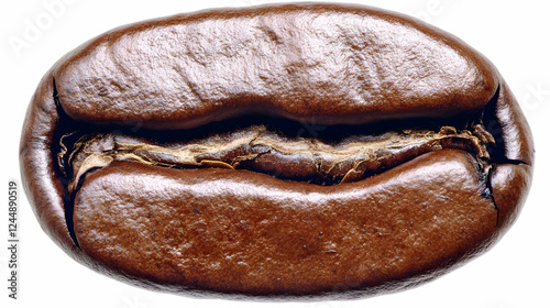Close-up of a roasted coffee bean shows its texture and rich brown color beautifully on a white background.