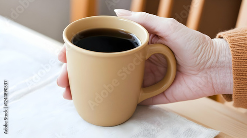 Hand Holds a Beige Ceramic ...