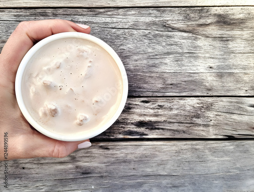 Hand Holds a Bowl of Creamy...