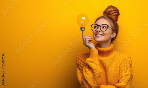 Young woman with glasses smiling and holding a lightbulb, looking up thoughtfully, isolated on a yellow background with space for text. Creativity, inspiration, eureka, brainstorming, and mental illum
