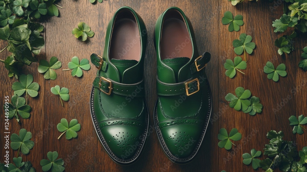 Elegant Green Leather Shoes Surrounded By Shamrocks Elegant Green Leather Shoes Surrounded By Shamrocks