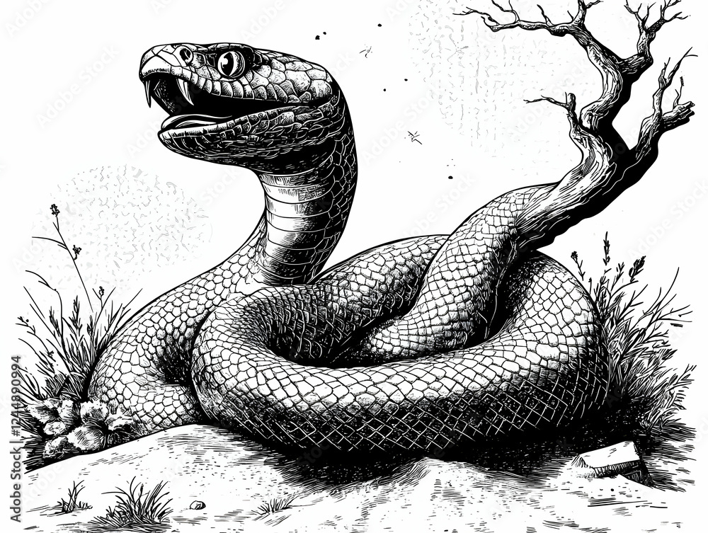Fototapeta premium Menacing Serpent Coiled Near Barren Tree in Black and White Illustration with Detailed Scales and Textured Background.