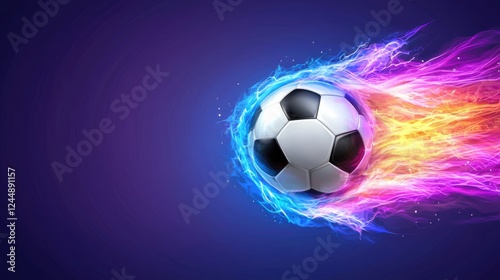 Dynamic and powerful soccer ball in explosive motion as it hits the fiery net creating a captivating and energetic visual effect