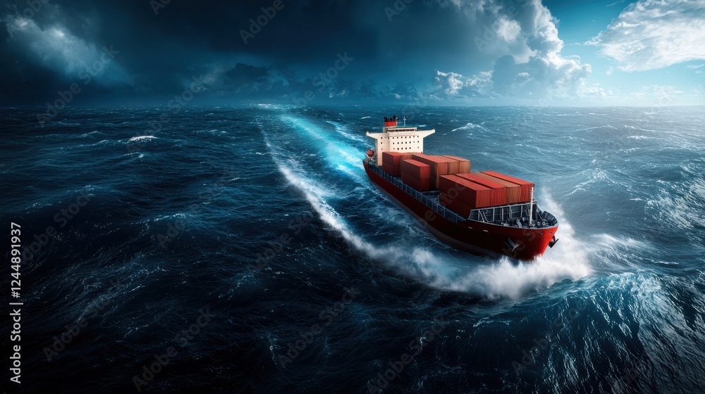 Naklejka premium Dramatic abstract digital depicting a large cargo ship navigating through a stormy turbulent ocean with towering waves and moody atmospheric clouds in the background representing the power energy
