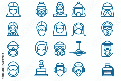 Icon set of various protective gear and face masks.