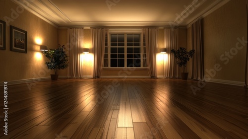 Empty living room at night, hardwood floor, large window, lamps, plants.