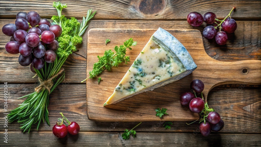 A wedge of blue cheese served with grapes, cherries, and fresh herbs on a rustic wooden board A wedge of blue cheese served with grapes, cherries, and fresh herbs on a rustic wooden board