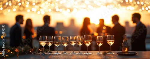 Coworkers Celebrating at a Rooftop Office Party in the Sunset Glow with Drinks and Laughter Networking and in a Joyful Corporate Atmosphere