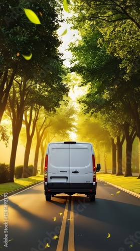 A white van driving on a scenic road lined with lush green trees under golden sunlight, capturing the essence of sustainable transportation, logistics, and eco-friendly travel solutions

