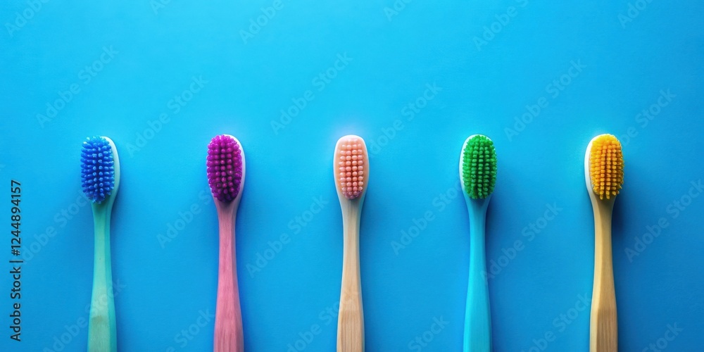 Colorful eco-friendly toothbrushes arranged on a vibrant blue background Colorful eco-friendly toothbrushes arranged on a vibrant blue background