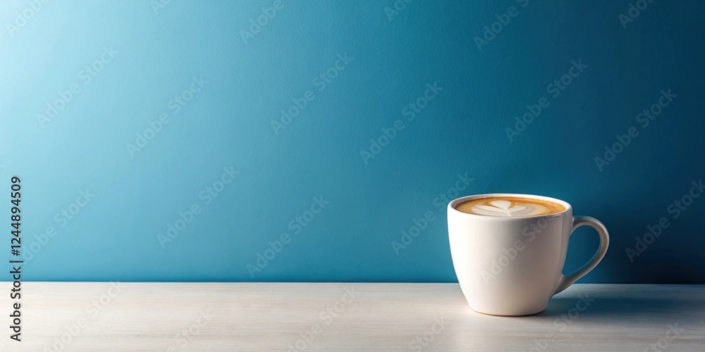 Obraz premium Aromatic Latte in White Mug on Light Wood Surface Against Teal Background