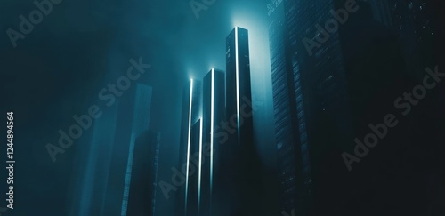 Futuristic cityscape at night, skyscrapers glowing in fog.