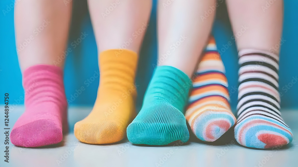 Four pairs of colorful socks displayed against a blue wall background, resting on a light floor. Four pairs of colorful socks displayed against a blue wall background, resting on a light floor.