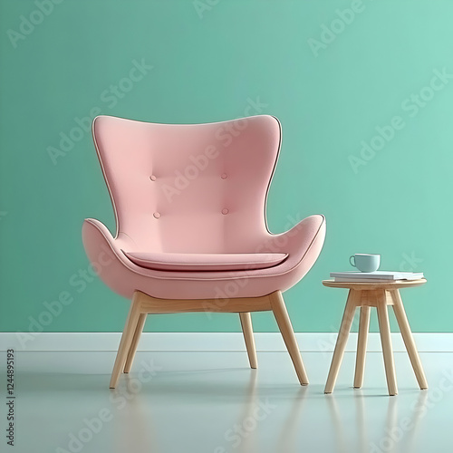 Pink Armchair and Wooden Si...